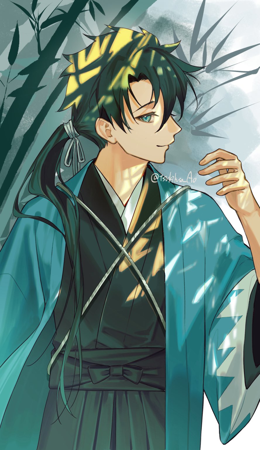 fujimaru ritsuka (male), fate/grand order, fate (series), highres, 1boy, alternate hair length, alternate hairstyle, bamboo, black hair, black kimono, blue eyes, blue haori, hair ribbon, hakama, haori, japanese clothes, kimono, long hair, looking at viewer, male focus, ponytail, profile, ribbon, shinsengumi, smile, solo, tsukikusa ao, upper body