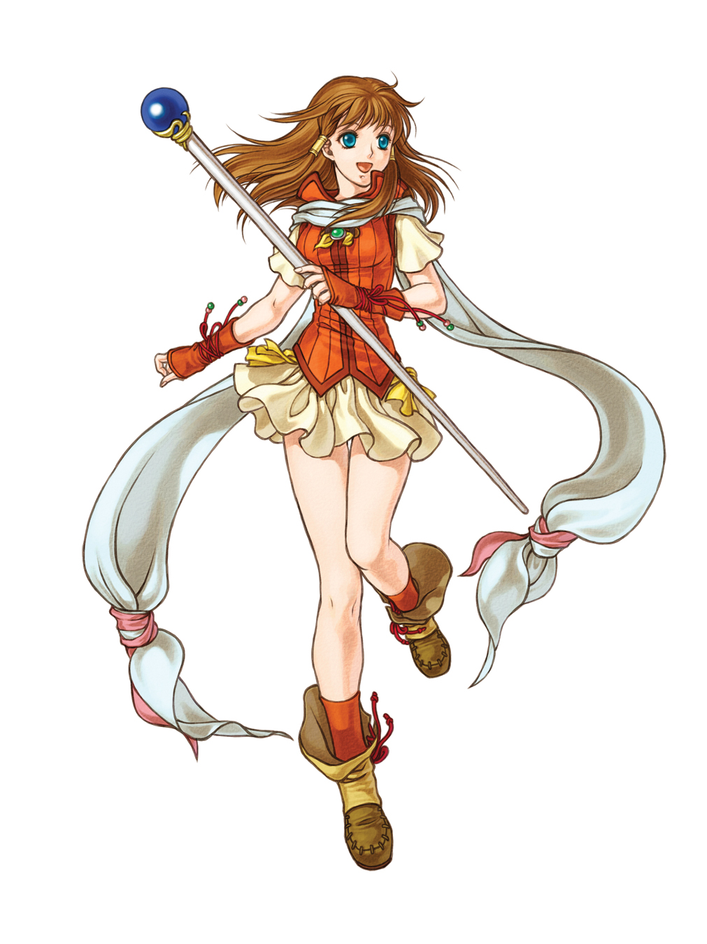 kita senri, mist (fire emblem), mist (radiant dawn) (fire emblem), fire emblem, fire emblem: path of radiance, fire emblem: radiant dawn, nintendo, highres, official art, blue eyes, brown hair, hair tubes, happy, long bangs, long hair, long scarf, low-tied long hair, mage, magic, scarf, shoes, simple background, skirt, smile, solo, staff, white background