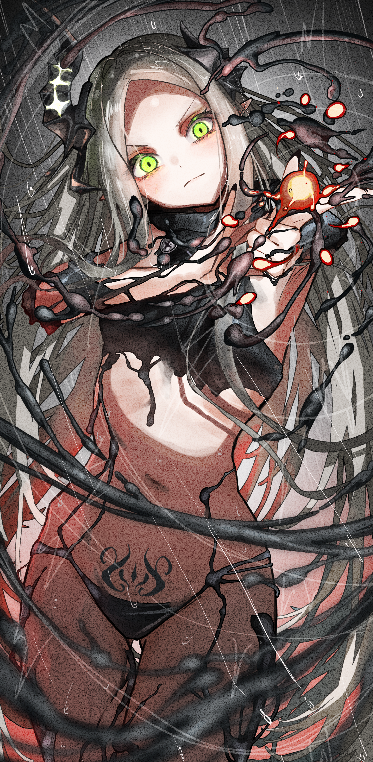 iwazaki, leviathan (nikke), goddess of victory: nikke, shiny eyes, absurdres, highres, 1girl, black horns, black liquid, black nails, blush, breasts, fangs, forehead, green eyes, grey hair, horns, liquid clothes, looking at viewer, navel, outstretched arm, piercing, pointing, pointing at viewer, pointy ears, pubic tattoo, revealing clothes, small breasts, solo, tattoo