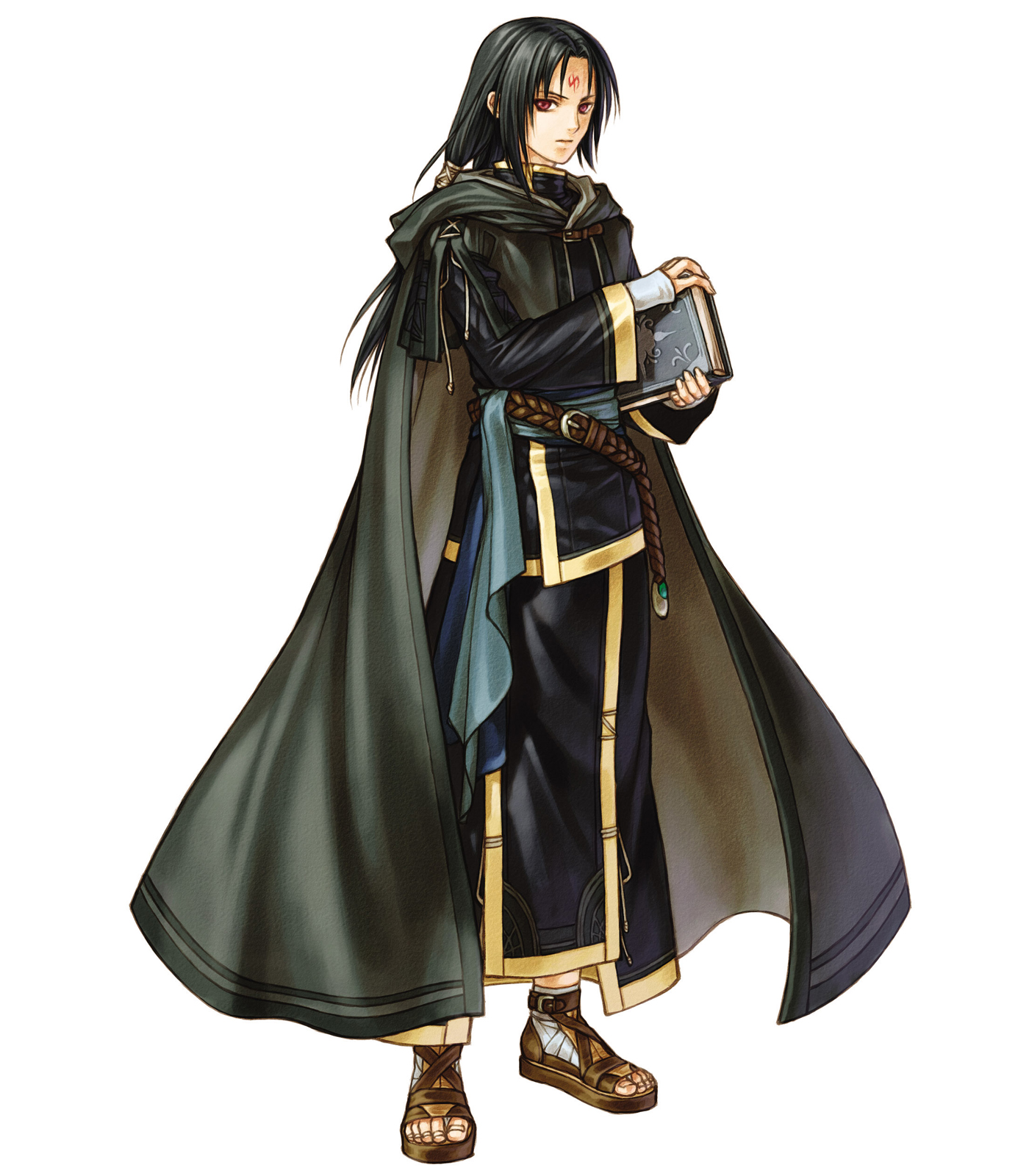 kita senri, soren (fire emblem), fire emblem, fire emblem: path of radiance, fire emblem: radiant dawn, nintendo, highres, official art, 1boy, belt, black hair, book, cape, cloak, facial mark, forehead mark, full body, long hair, male focus, red eyes, sandals, simple background, solo, white background