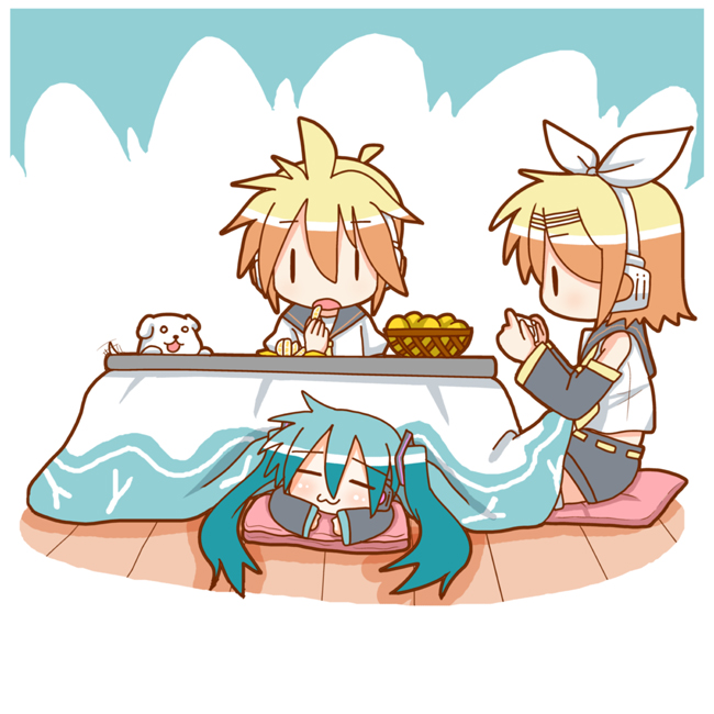 minami (colorful palette), chibi miku, hamo (dog), hatsune miku, kagamine len, kagamine rin, vocaloid, 1boy, 2girls, :3, = =, aqua hair, brother and sister, chibi, dog, eating, food, fruit, handheld game console, headset, kotatsu, mandarin orange, multiple girls, pillow, playstation portable, siblings, sleeping, table, twins, twintails, under kotatsu, under table, | |