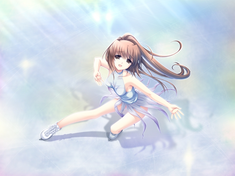 alpha (yukai na nakamatachi), azai kanon, g-senjou no maou, game cg, non-web source, 1girl, brown eyes, brown hair, female focus, figure skating, from above, ice, ice skates, ice skating, leotard, long hair, ponytail, skates, skating, skirt, smile, solo
