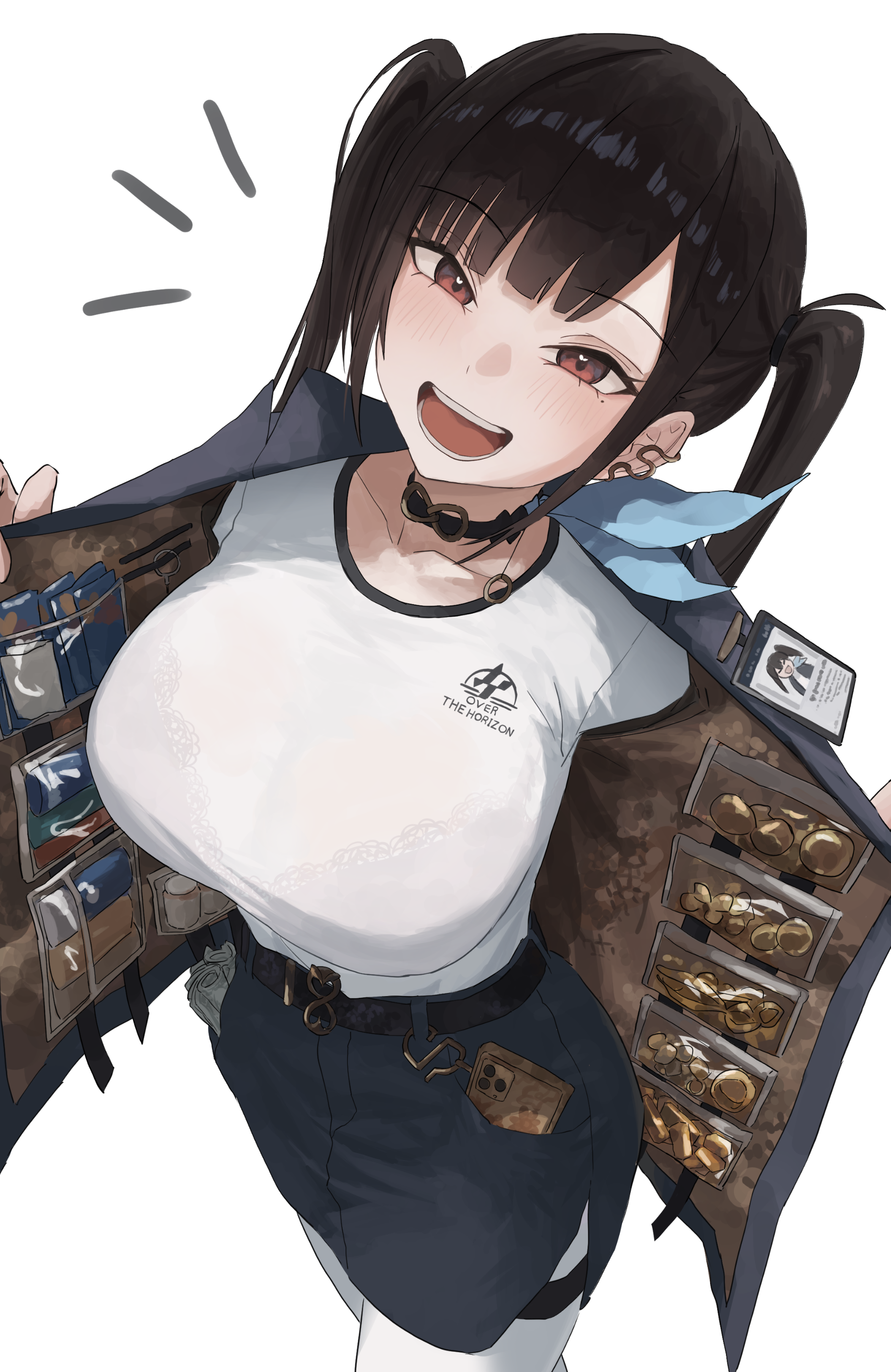 muginosa, sora (nikke), goddess of victory: nikke, absurdres, highres, 1girl, black choker, black hair, blue skirt, blush, bra visible through clothes, breasts, brown eyes, choker, contraband, earrings, jacket, jewelry, large breasts, long hair, looking at viewer, open mouth, opened by self, pantyhose, shirt, skirt, smile, snake earrings, solo, thigh strap, twintails, two-sided fabric, two-sided jacket, white pantyhose, white shirt, wireless earphones