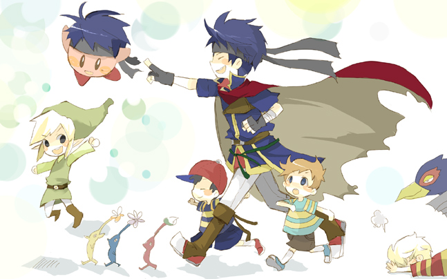 claus (mother 3), falco lombardi, ike (fire emblem), kirby, link, lucas (mother 3), ness (mother 2), toon link, fire emblem, fire emblem: path of radiance, kirby (series), mother (series), mother 2, mother 3, nintendo, pikmin (series), star fox, super smash bros., the legend of zelda, 5boys, black eyes, black hair, blonde hair, blue eyes, blue hair, brown hair, cape, child, flower, gloves, hat, headband, male focus, multiple boys, pikmin (creature), pointy ears, smile