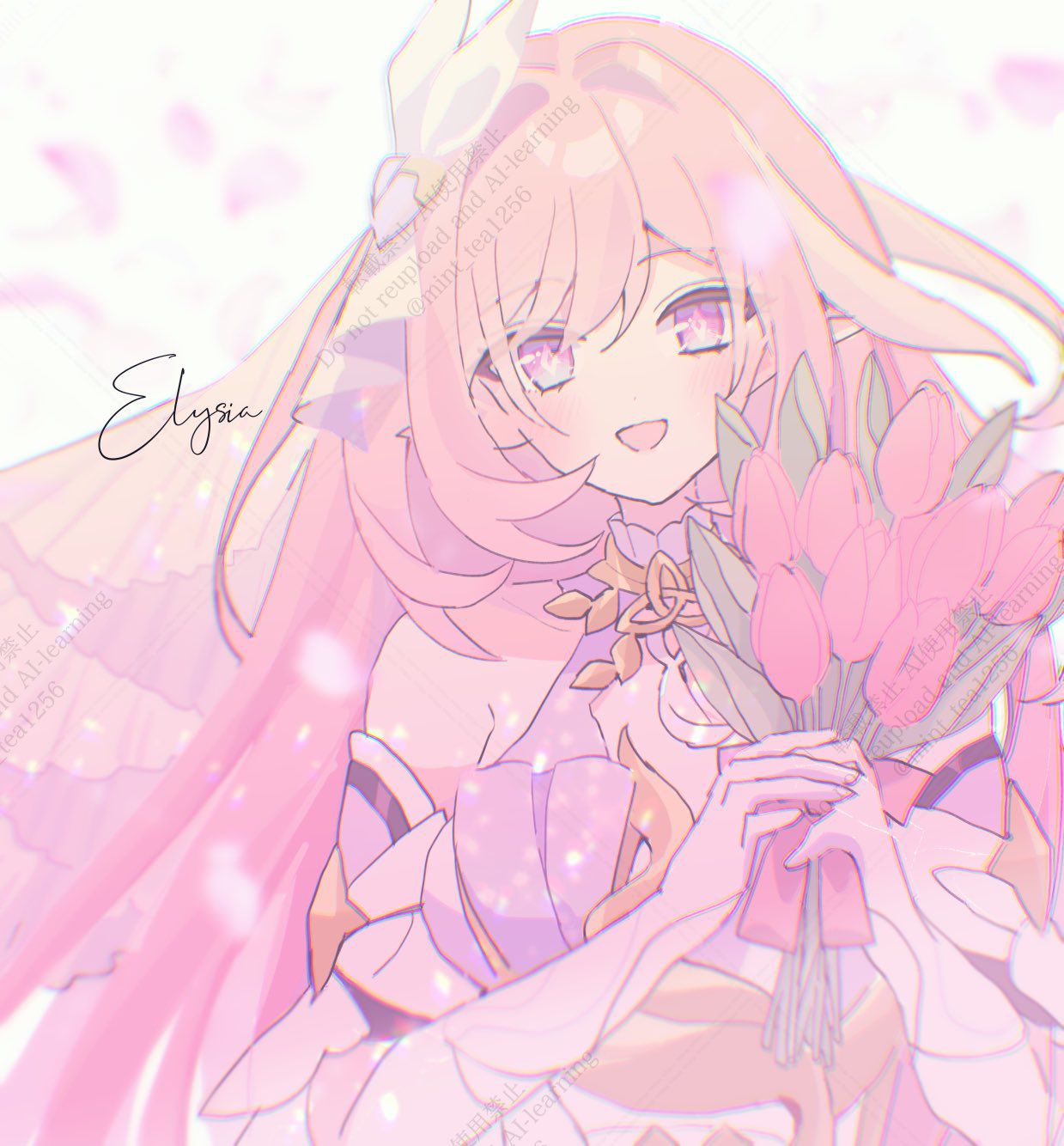 kanaria (mint tea1256), elysia (herrscher of human: ego) (honkai impact), elysia (honkai impact), honkai (series), honkai impact 3rd, commentary request, highres, 1girl, bouquet, breasts, character name, elf, flower, gloves, holding, holding bouquet, large breasts, long hair, looking at viewer, open mouth, pink flower, pink hair, pink tulip, pointy ears, purple eyes, smile, solo, triquetra, tulip, upper body, veil, very long hair, white gloves, white veil