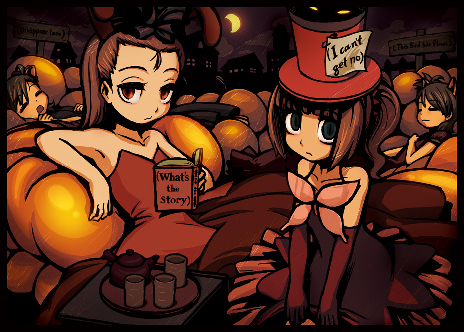 riyo (lyomsnpmp), amami haruka, futami ami, futami mami, minase iori, takatsuki yayoi, idolmaster, idolmaster (classic), idolmaster 1, 00s, 2girls, armpits, book, crescent, halloween, hat, moon, multiple girls, siblings, sisters, sleeping, tea set, top hat, twins, twintails