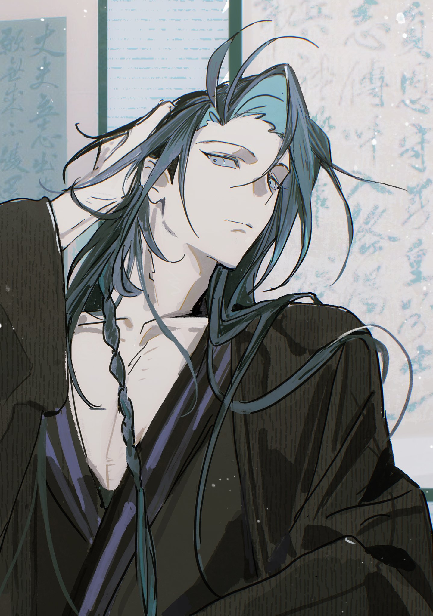 fate/grand order, fate (series), highres, 1boy, antenna hair, arrivederci st, blue hair, braid, curtained hair, grey eyes, hand in own hair, japanese clothes, kimono, kondou isami (fate), long hair, looking at viewer, male focus, messy hair, solo, upper body