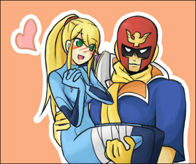 captain falcon, samus aran, f-zero, metroid, nintendo, super smash bros., artist request, lowres, source request, bandages, blonde hair, blush, carrying, couple, gloves, green eyes, heart, helmet, ponytail, princess carry, scarf, smile, zero suit