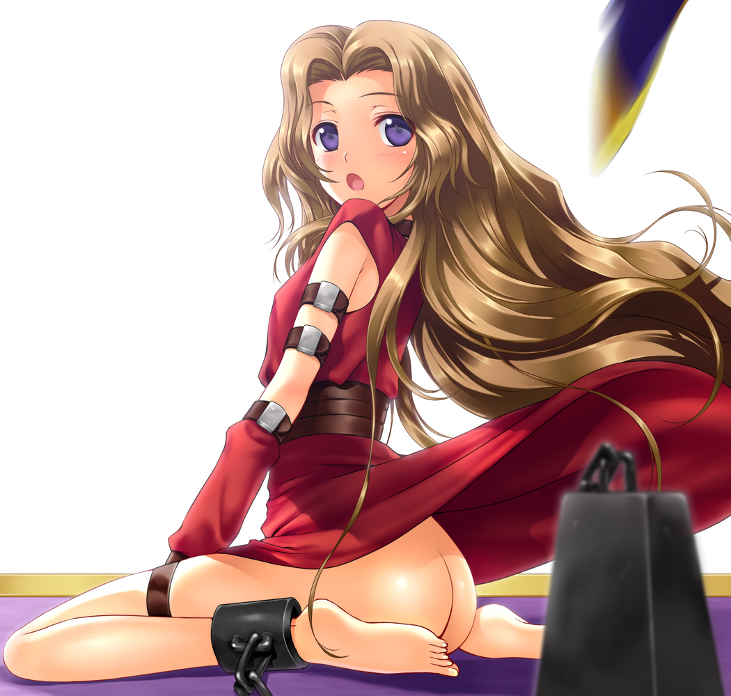 40010prototype, nunnally vi britannia, code geass, spoilers, 00s, 1girl, :o, ass, bad anatomy, bad feet, barefoot, blue eyes, blush, bottomless, bound ankles, brown hair, clothes lift, cuffs, dress, dress lift, feet, female focus, long hair, no bra, no panties, open mouth, poorly drawn, shackled, shackles, sitting, solo, thigh strap, wariza, wind, wind lift