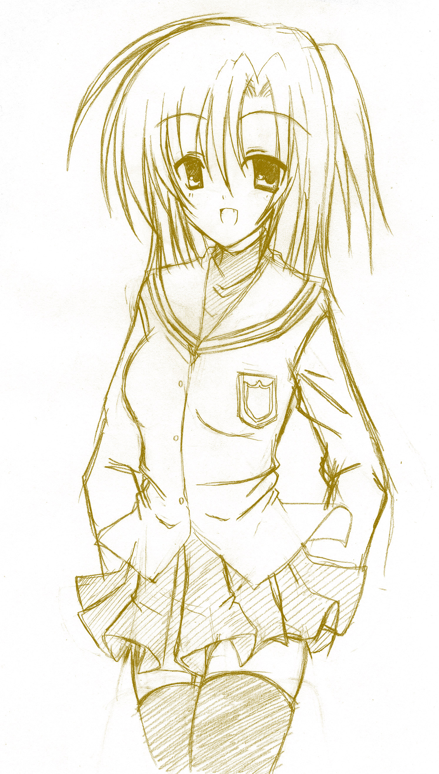 chubame, sunohara youhei, sunohara youko, clannad, absurdres, gender request, highres, 00s, 1girl, brown theme, female focus, genderswap, long hair, monochrome, school uniform, side ponytail, sketch, solo, thighhighs