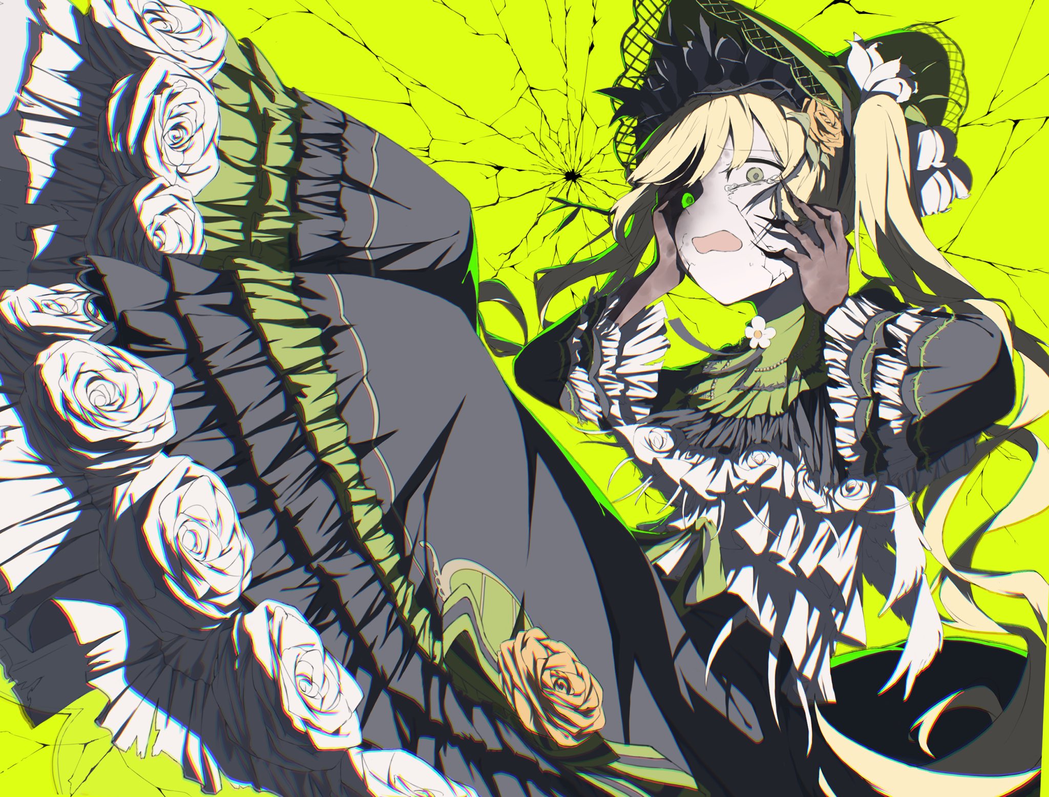 toono hanna, mahou shoujo no majo saiban, commentary request, highres, spoilers, 1girl, black dress, black sclera, blonde hair, bonnet, colored extremities, colored sclera, crack, cracked skin, crying, crying with eyes open, despair, dress, flower, frilled dress, frilled sleeves, frills, glowing, glowing eye, green background, green eyes, hands on own face, hands up, kanshouzai, layered dress, lolita fashion, long dress, long hair, long sleeves, looking at viewer, magical girl, open mouth, rose, solo, tears, twintails, yellow flower, yellow rose