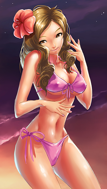 ttchi, bad id, bad pixiv id, 1girl, beach, bikini, breasts, brown eyes, brown hair, covered erect nipples, female focus, flower, long hair, medium breasts, pink bikini, side-tie bikini bottom, solo, swimsuit, water