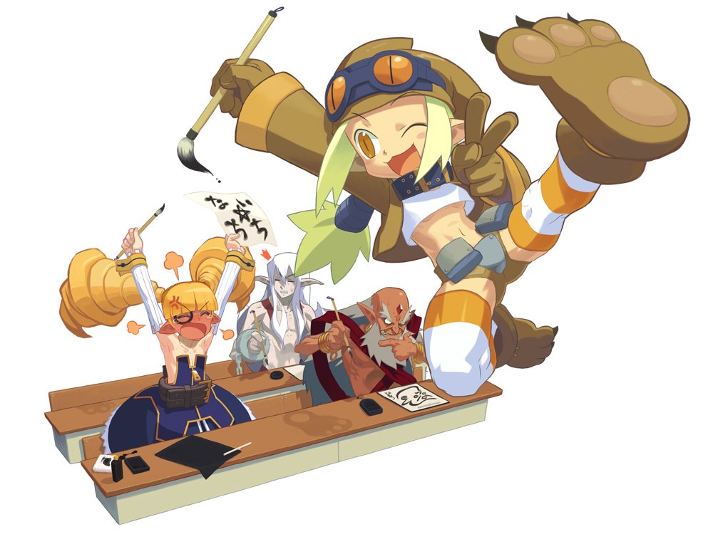 ishikawa hideki, archer (disgaea), geomancer (disgaea), healer (disgaea), sinner (disgaea), thief (disgaea), disgaea, makai senki disgaea 3, nippon ichi, striped legwear, official art, translated, 2boys, 2girls, angry, arm warmers, arms up, beard, belt, belt pouch, blonde hair, blush, breasts, calligraphy, calligraphy brush, chain, codpiece, collar, drawing on another's face, drill hair, facial hair, flat chest, footprints, forehead jewel, gloves, goggles, hanetsuki, hat, long hair, midriff, multiple boys, multiple girls, no bra, no shirt, one eye closed, paintbrush, paw shoes, pointy ears, ponytail, pouch, shoes, shorts, small breasts, striped clothes, striped thighhighs, tears, thighhighs, topless male, underboob, white hair, wink, yellow eyes, zipper