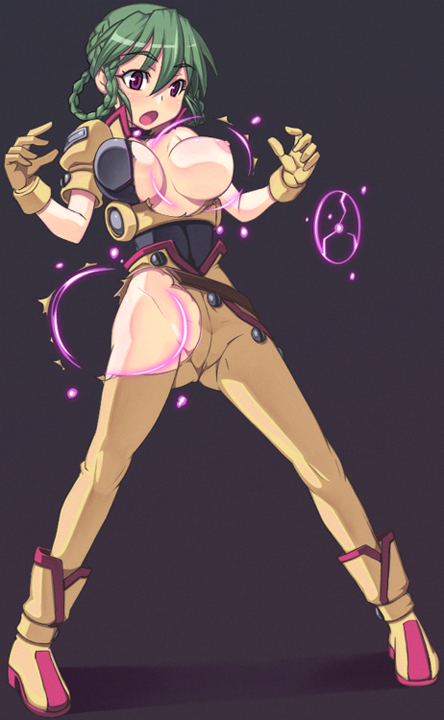 caryo, nanashino, mina likering, banpresto, super robot wars, super robot wars f, 1girl, bodysuit, braid, breasts, female focus, green hair, solo, torn clothes