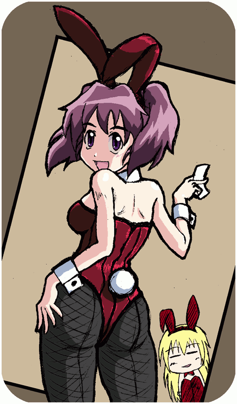 hoge (pixiv6764), asou natsumi, kate (sketchbook full colors), sketchbook full colors, black legwear, 00s, animal ears, ass, detached collar, fake animal ears, fishnet pantyhose, fishnets, looking back, pantyhose, playboy bunny, purple eyes, purple hair, rabbit ears, single ear down, standing, twintails