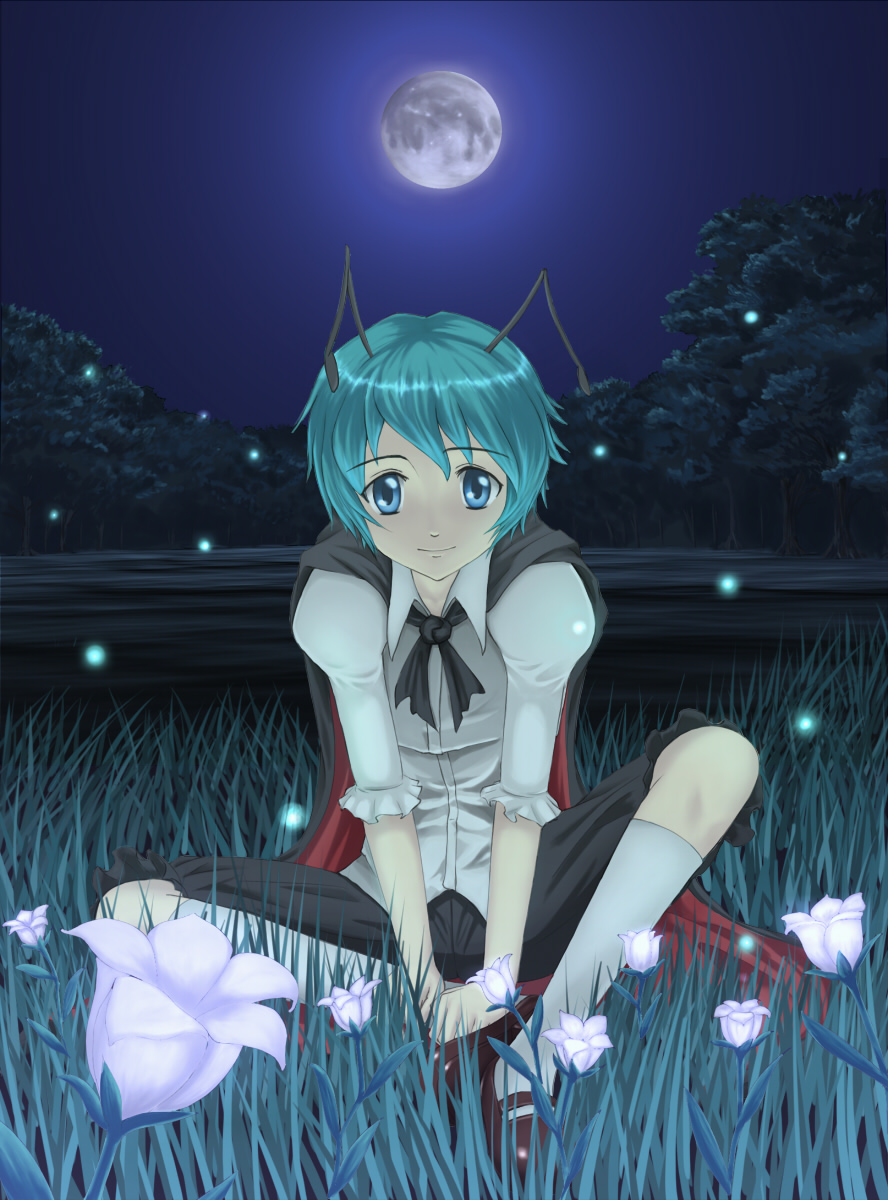 gebo, wriggle nightbug, touhou, highres, 1girl, antennae, bug, butterfly sitting, female focus, fireflies, firefly, flower, full moon, green hair, insect, kneehighs, moon, night, short hair, sitting, socks, solo, swept bangs, v arms