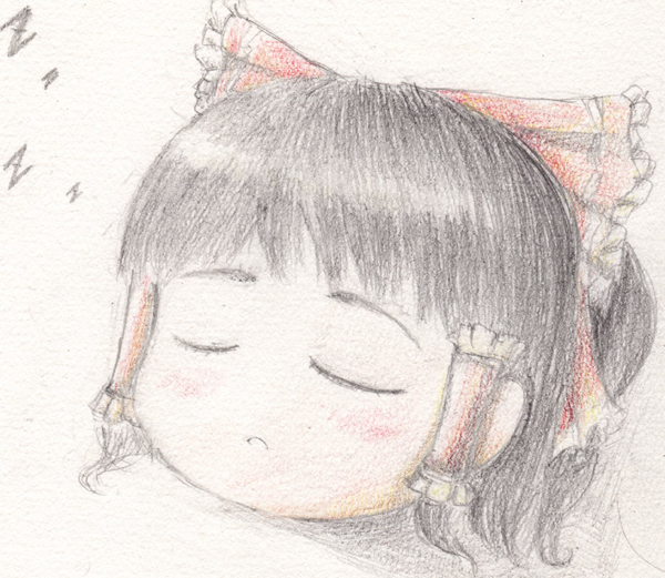 torino heishichirou, hakurei reimu, touhou, traditional media, 1girl, female focus, sleeping, solo, white background, yukkuri shiteitte ne