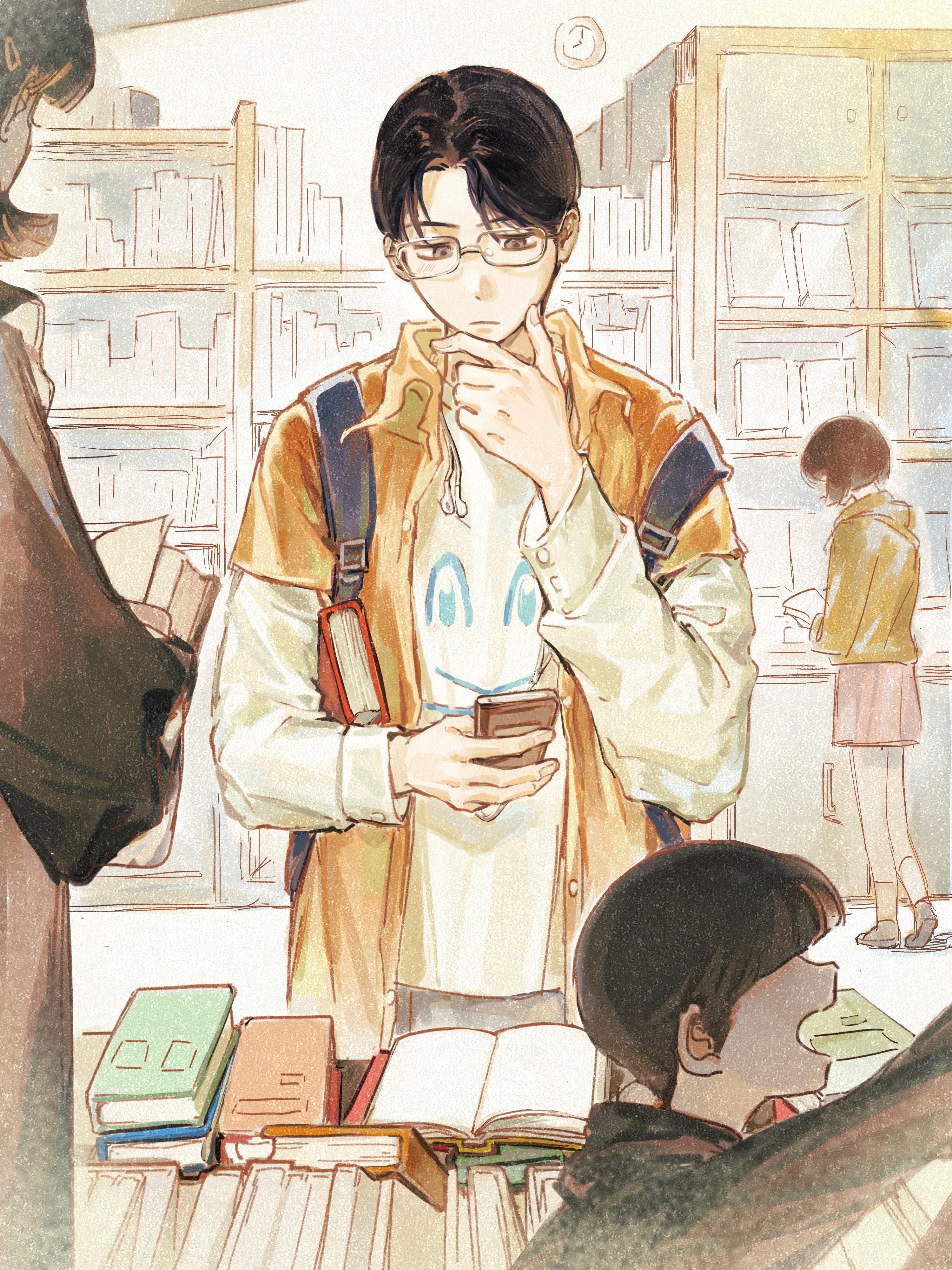 bbfrog, absurdres, highres, backpack, bag, black hair, book, clock, earphones, glasses, holding, holding book, holding phone, implied yaoi, karaoke iko!, library, oka satomi, orange shirt, pants, people, phone, reading, shirt, shirt under shirt, short hair, thinking, white shirt, wispy bangs