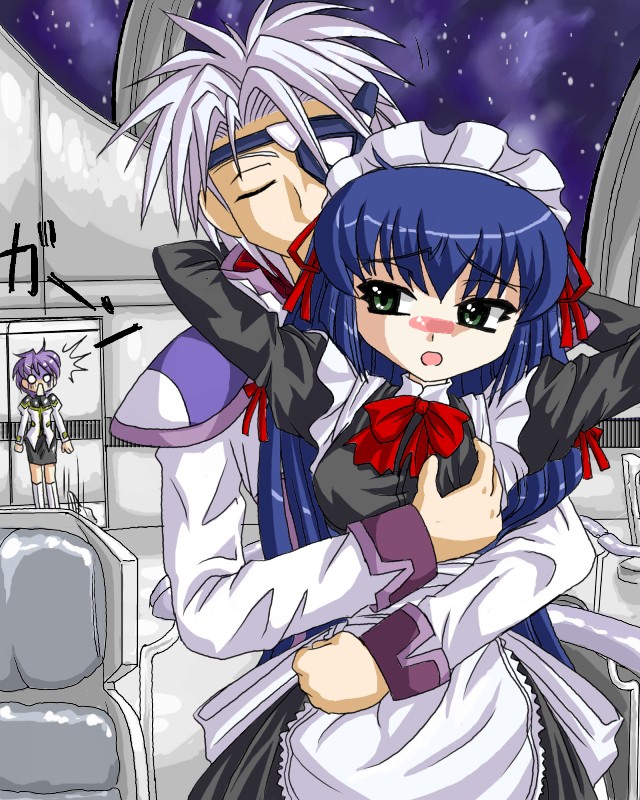 almo, karasuma chitose, lester coolduras, galaxy angel, non-web source, 00s, 1boy, 2girls, alternate costume, blue hair, blush, breasts, enmaided, eyepatch, grabbing another's breast, grabbing from behind, green eyes, groping, hug, indoors, long hair, maid, multiple girls, o o, triangle mouth, walk-in