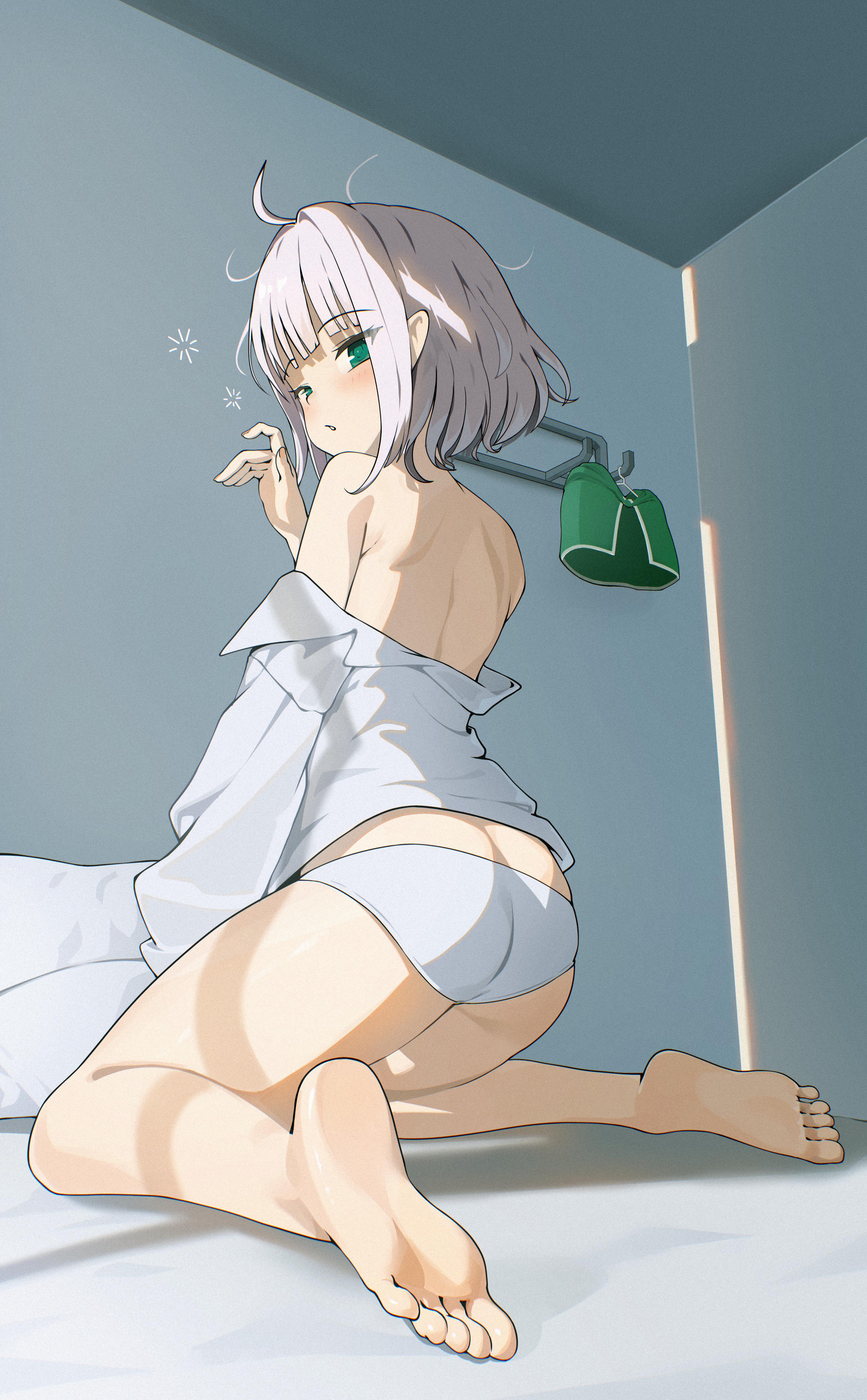 kagemoe1003, original, absurdres, highres, 1girl, ass, barefoot, blush, feet, green eyes, looking at viewer, looking back, medium hair, panties, parted lips, soles, toes, underwear, white hair