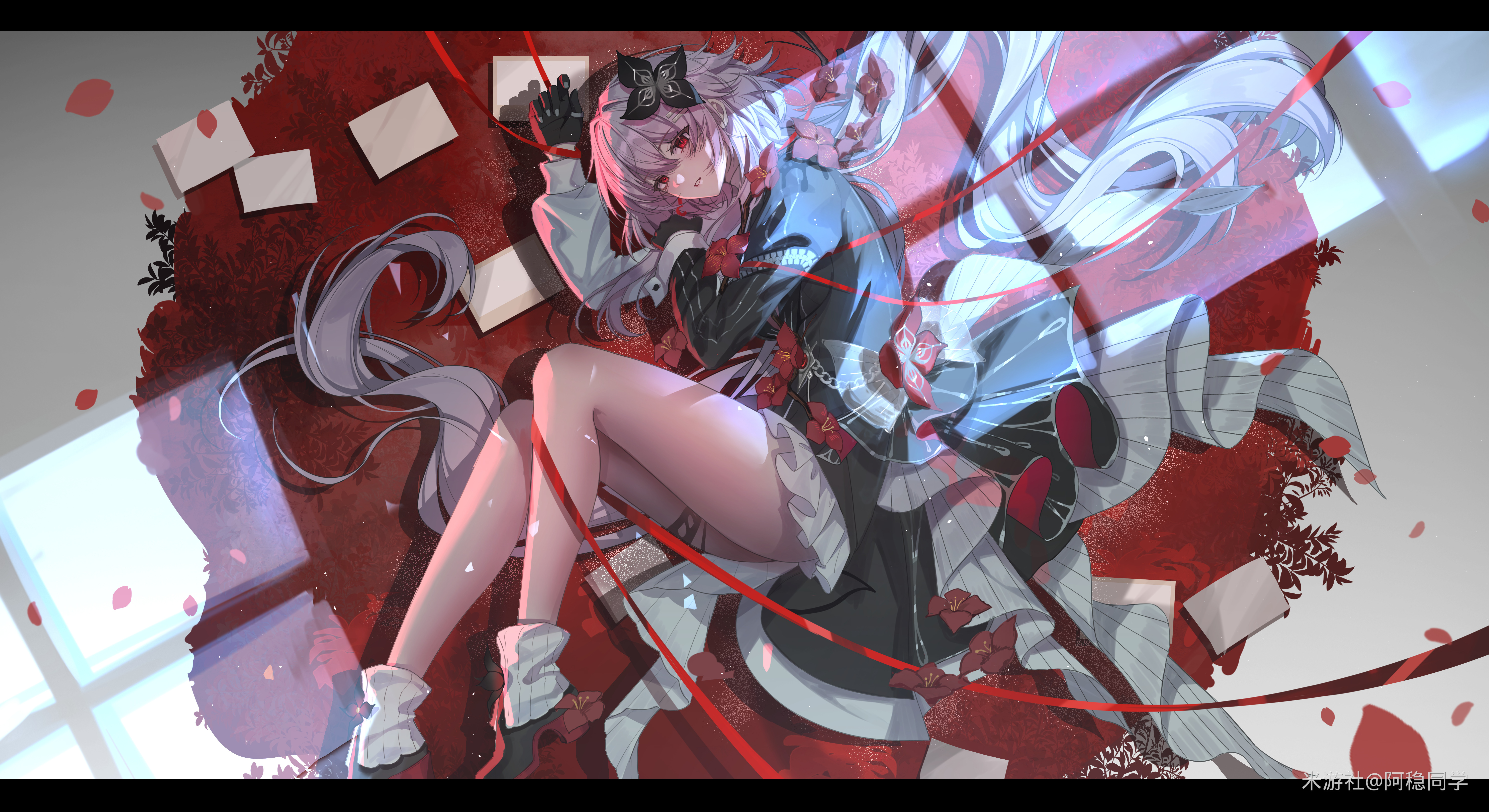 yolanda, evernight (honkai: star rail), march 7th (honkai: star rail), honkai: star rail, honkai (series), absurdres, highres, 1girl, bdsm, black boots, black dress, black gloves, black sleeves, bondage, boots, bound, bow, dress, full body, gloves, grey background, hair spread out, long hair, looking at viewer, lying, on side, parted lips, pink hair, red background, red bow, red eyes, solo, thighs, very long hair, white dress, white sleeves, window shadow