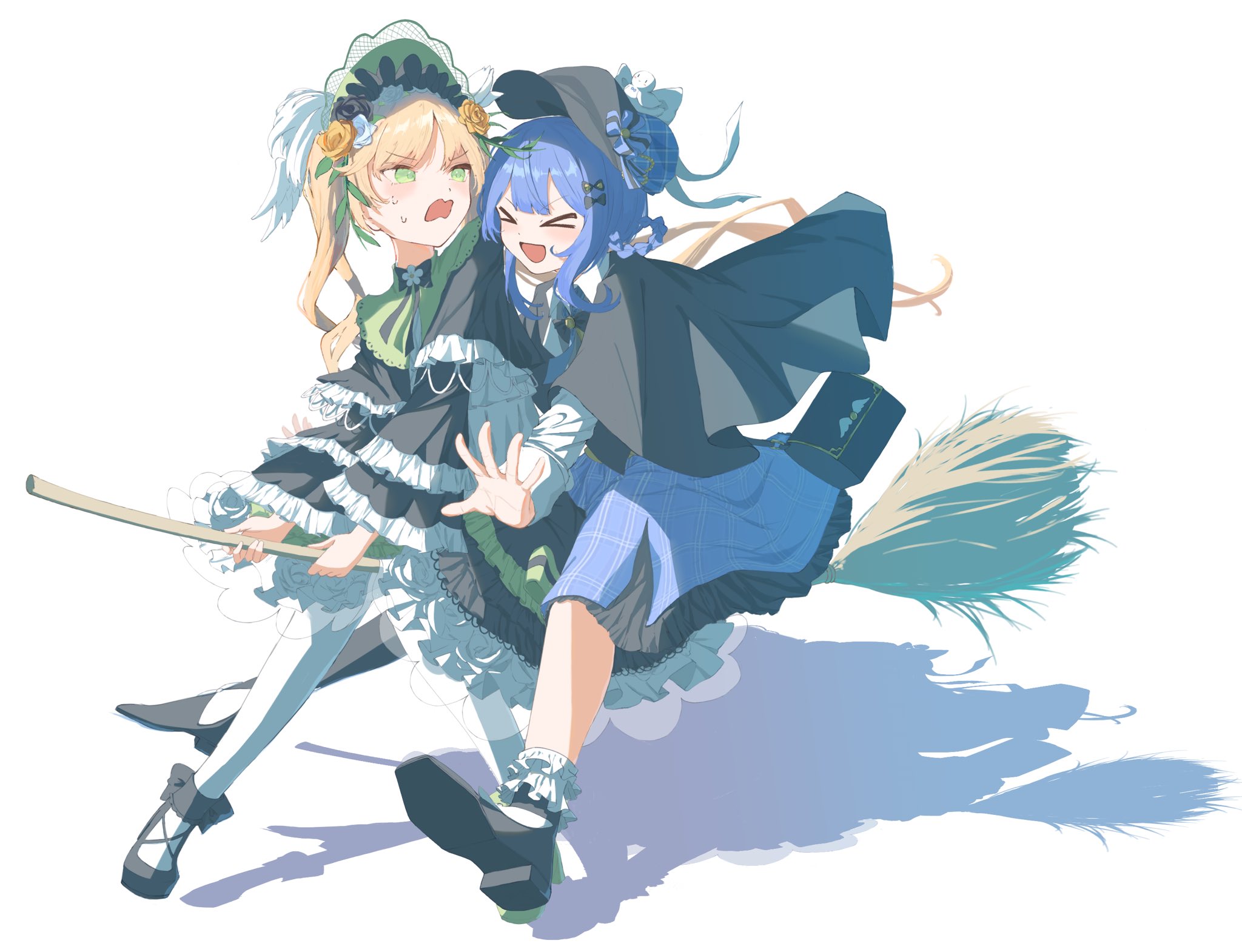 tachibana sherry, toono hanna, mahou shoujo no majo saiban, commentary request, highres, > <, 2girls, :d, black bag, black dress, black shoes, blonde hair, blue hair, blue skirt, bonnet, bow, braid, braided hair rings, broom, broom riding, closed eyes, deerstalker, dress, flower, frilled dress, frilled sleeves, frills, green eyes, hair bow, hair rings, hat, kanshouzai, lolita fashion, long hair, long sleeves, looking at another, magical girl, multiple girls, open mouth, outstretched arms, rose, shoes, short hair, skirt, smile, socks, twintails, white flower, white rose, white socks, xd, yellow flower, yellow rose
