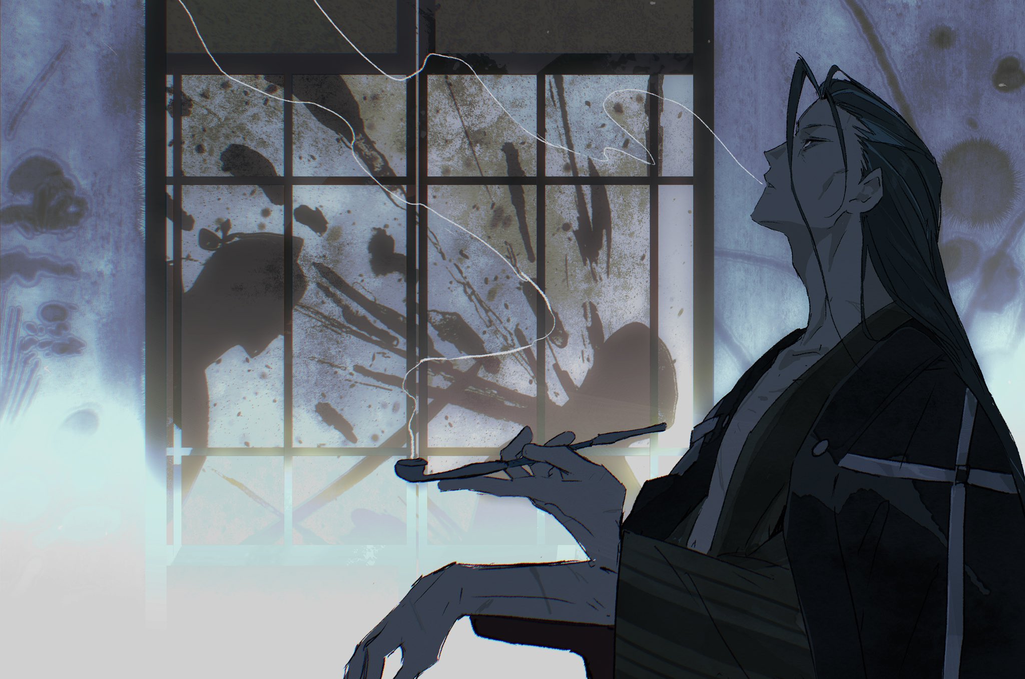 fate/grand order, fate (series), highres, 1boy, arrivederci st, black hair, blood, blood splatter, grey eyes, haori, holding, holding smoking pipe, japanese clothes, kimono, kondou isami (fate), long hair, male focus, multicolored hair, profile, smoke, smoke trail, smoking pipe, solo, streaked hair, upper body