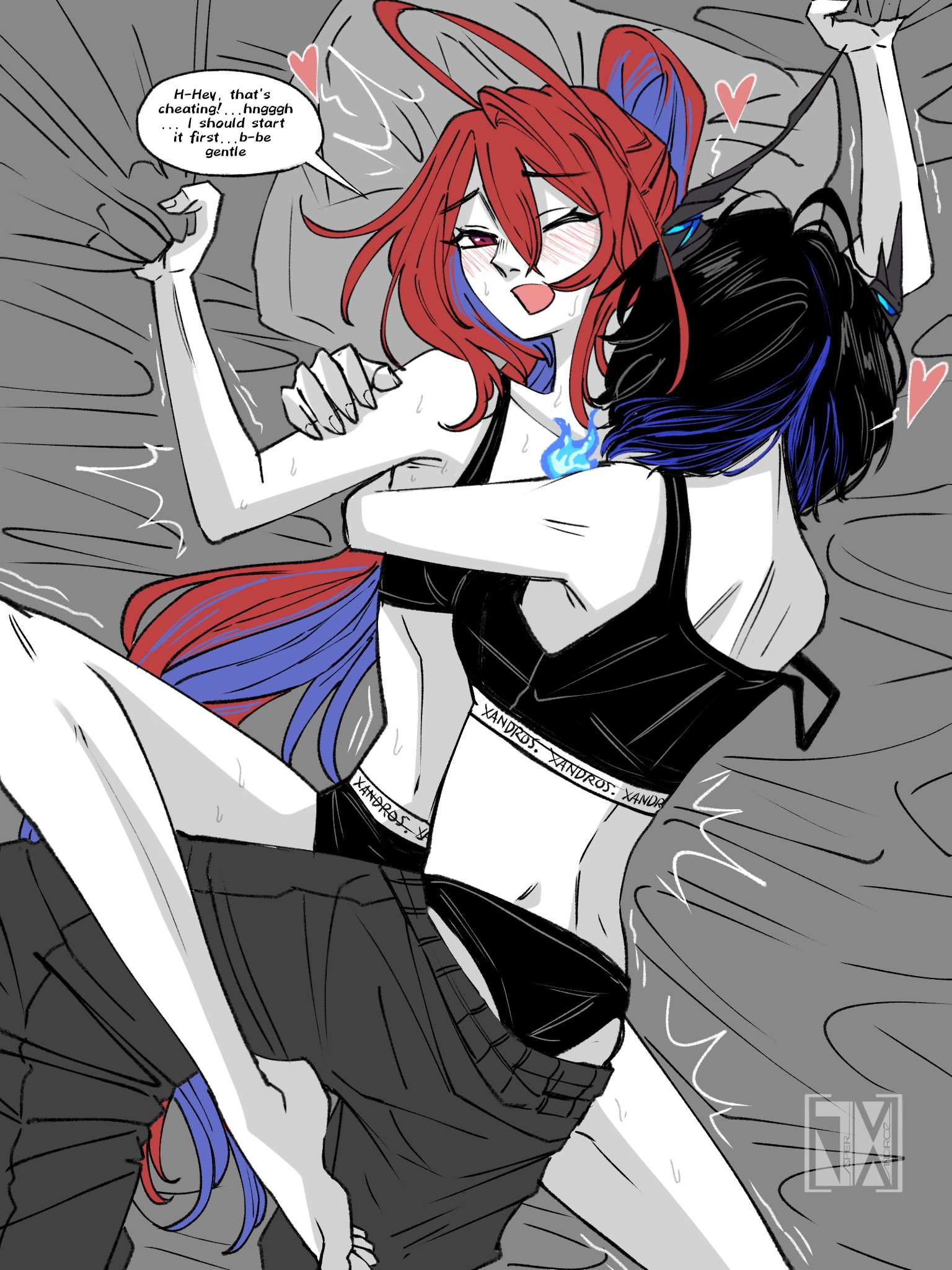 jasper xandros, elizabeth rose bloodflame, nerissa ravencroft, hololive, hololive english, highres, 2girls, ahoge, asymmetrical horns, bed, bed sheet, black hair, blue fire, blue hair, blush, colored inner hair, demon horns, english text, fire, horns, hug, long hair, multicolored hair, multiple girls, panties, pants, pillow, red eyes, red hair, sheet grab, sports bra, sweat, two-tone hair, underwear, virtual youtuber, yuri