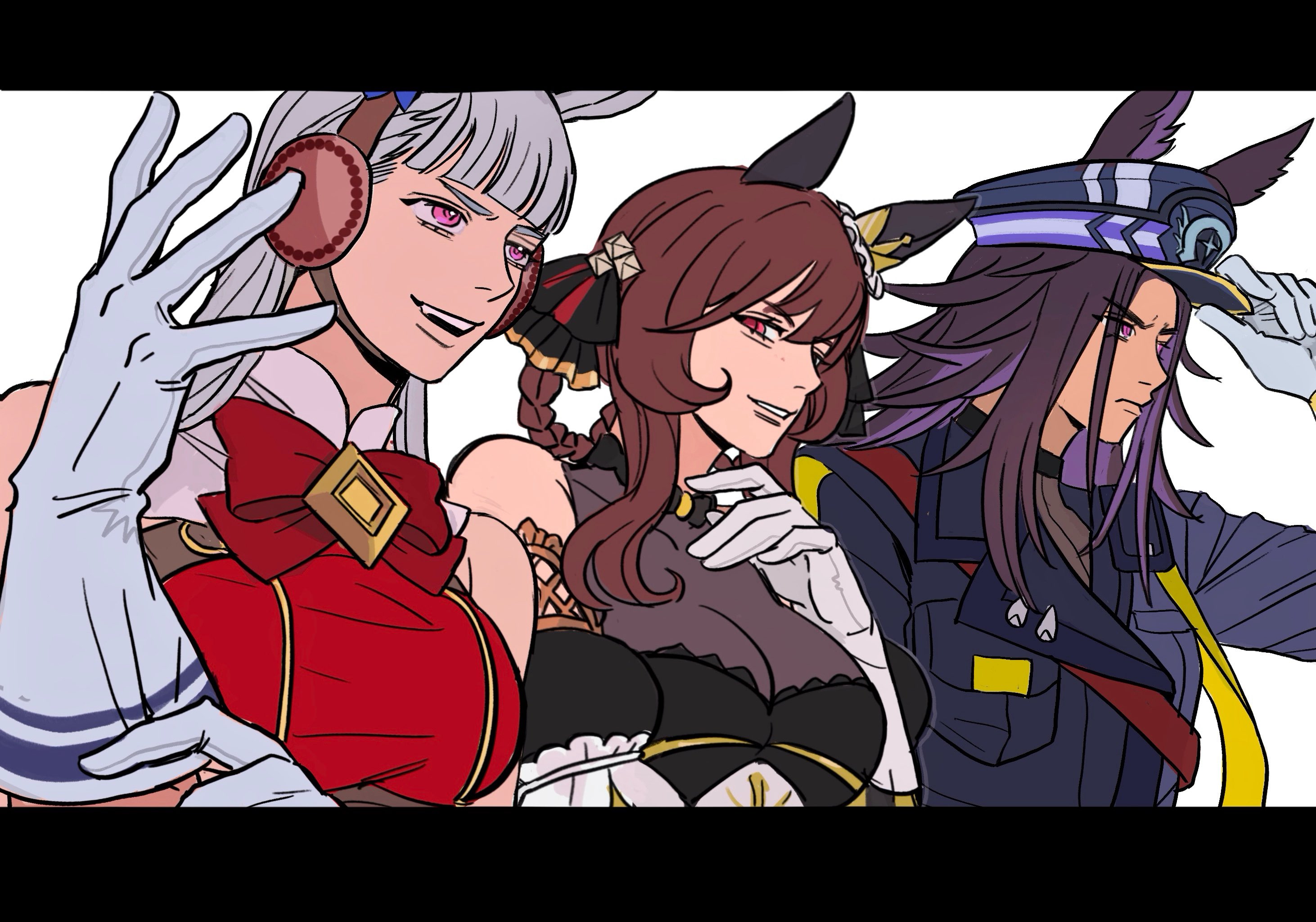 fenomeno (black flames of the righteous spirit) (umamusume), fenomeno (umamusume), gentildonna (regina dei fiori) (umamusume), gentildonna (umamusume), gold ship (red strife) (umamusume), gold ship (umamusume), umamusume, highres, 3girls, animal ears, black dress, black hair, black jacket, blunt bangs, bow, bowtie, braid, braided hair rings, breasts, brown hair, cleavage, closed mouth, dress, ear bow, ear covers, ear ornament, ear ribbon, ears through headwear, flipped hair, gloves, grey hair, grin, hair between eyes, hair ornament, hair rings, hat, heart-shaped ornament, heart ear ornament, horse ears, horse girl, horseshoe hat ornament, horseshoe ornament, jacket, large breasts, long hair, long sleeves, mayflyaa, multicolored hair, multiple girls, open mouth, peaked cap, purple bow, purple eyes, purple hair, red bow, red bowtie, red dress, red eyes, see-through cleavage, see-through clothes, shirt, simple background, sleeveless, sleeveless dress, smile, striped hat, upper body, white gloves