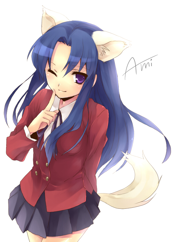 hijiki (hijikini), hijikini, kawashima ami, toradora!, bad id, bad pixiv id, 00s, 1girl, animal ears, blue hair, female focus, long hair, one eye closed, purple eyes, school uniform, solo, tail, wink