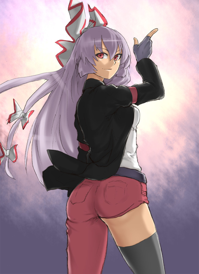 houtengeki, fujiwara no mokou, touhou, silver hair, 1girl, ass, asymmetrical clothes, denim, female focus, fingerless gloves, from behind, gloves, hou takashi ji, jeans, long hair, looking back, pants, red eyes, single pantsleg, single thighhigh, solo, thighhighs