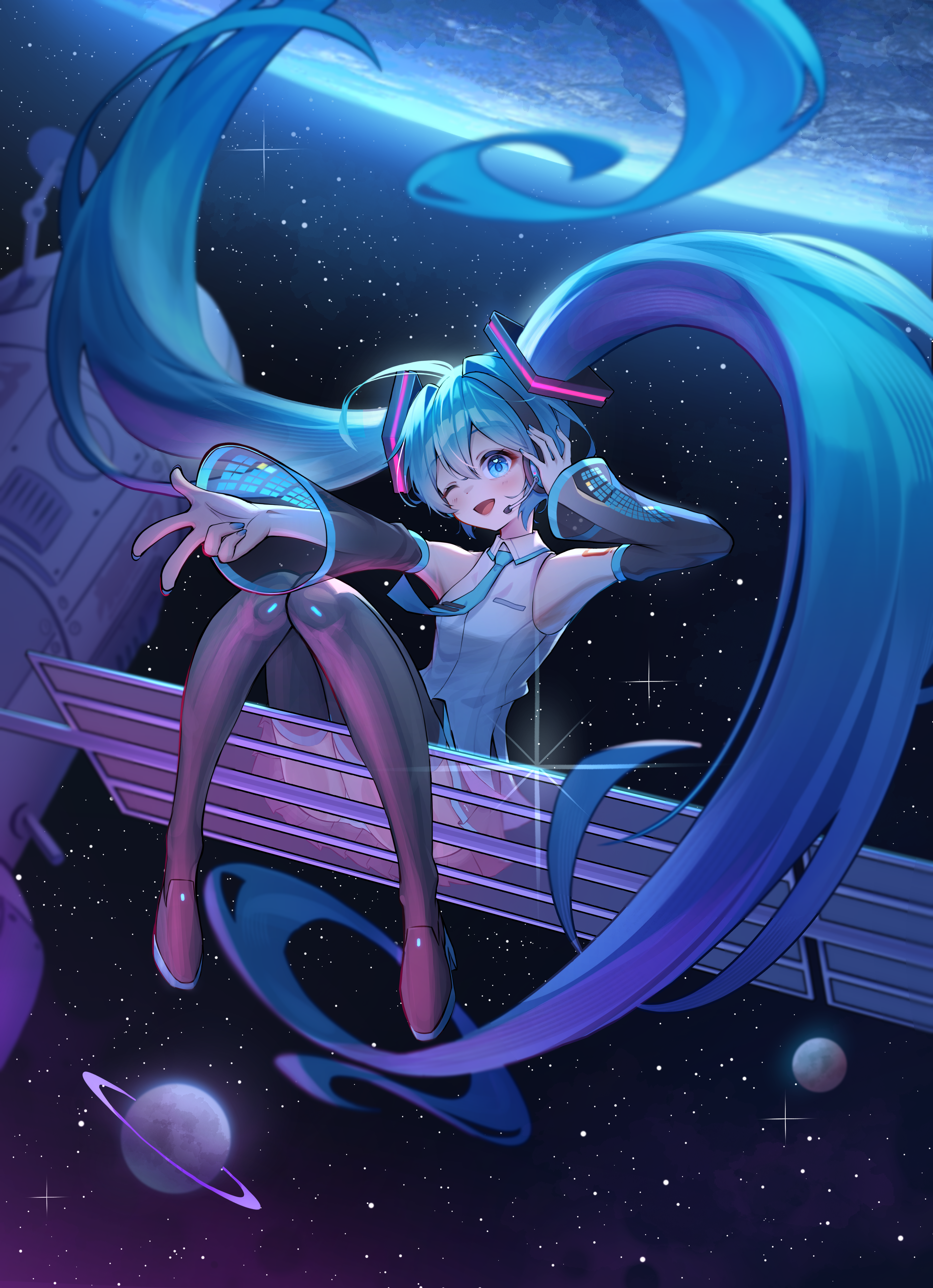 lazyfox, hatsune miku, vocaloid, absurdres, highres, 1girl, aqua eyes, aqua hair, aqua nails, aqua necktie, aqua trim, arm up, armpits, black skirt, blush, boots, collared shirt, detached sleeves, hair between eyes, hair ornament, headset, long hair, long sleeves, looking at viewer, necktie, open mouth, outstretched arm, panties, planet, pleated skirt, shirt, skirt, sleeveless, sleeveless shirt, smile, solo, space, star (sky), thigh boots, twintails, underwear, very long hair, white shirt, wide sleeves