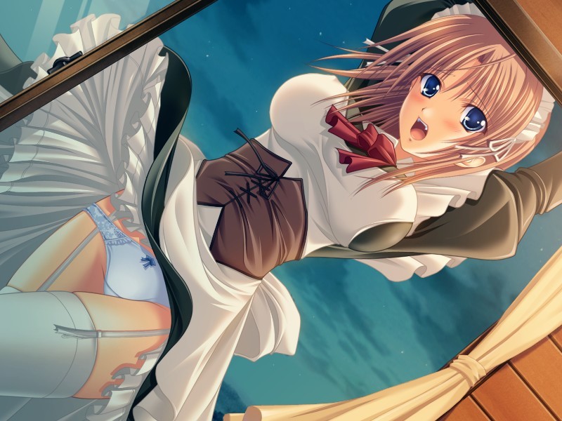 chiba chinatsu, okitsune summer, game cg, 1girl, blonde hair, blue eyes, blue panties, blush, bow, bow panties, breasts, covered erect nipples, female focus, garter belt, large breasts, maid, panties, pantyshot, sky, solo, thighhighs, underwear, upskirt, white panties, wind, wind lift, window
