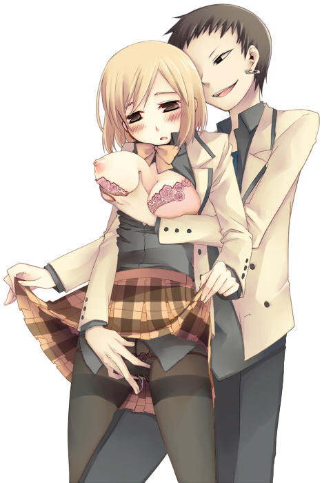 toriumi itachi, kageyama kitsune, nonomura ayumi, hyakko, 00s, 1boy, 1girl, black pantyhose, blush, bra, breasts, brown eyes, brown hair, clothes lift, crotch seam, fingering, grabbing another's breast, groping, hetero, lingerie, medium breasts, nipples, open clothes, open shirt, panties, panties under pantyhose, pantyhose, pussy juice, school uniform, shirt, short hair, skirt, skirt lift, thighband pantyhose, underwear, upskirt, wet, wet clothes, wet panties, wet pantyhose
