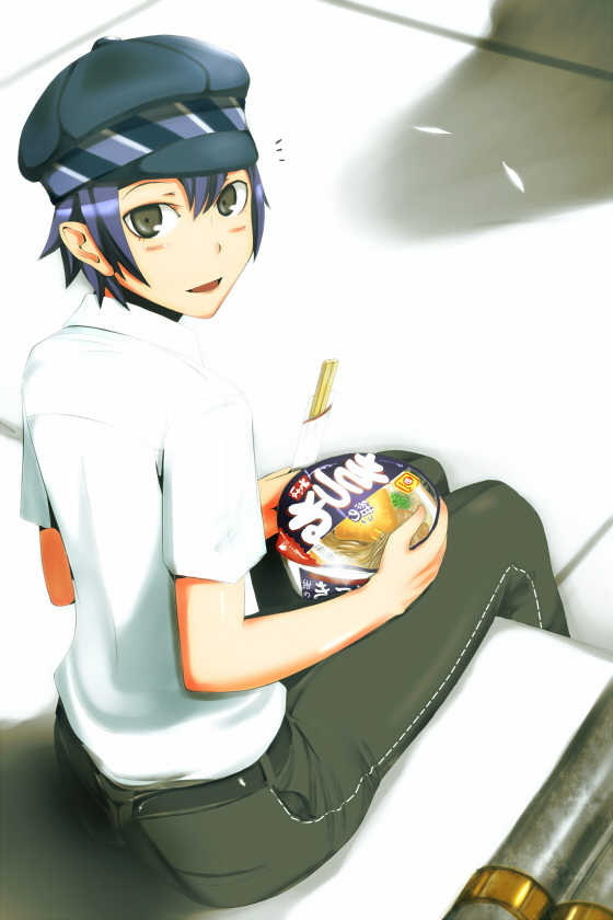 em (totsuzen no hakike), shirogane naoto, atlus, persona, persona 4, 1girl, androgynous, blue eyes, blue hair, chopsticks, cup ramen, female focus, food, from above, from behind, hat, looking back, newsboy cap, reverse trap, shadow, short hair, solo