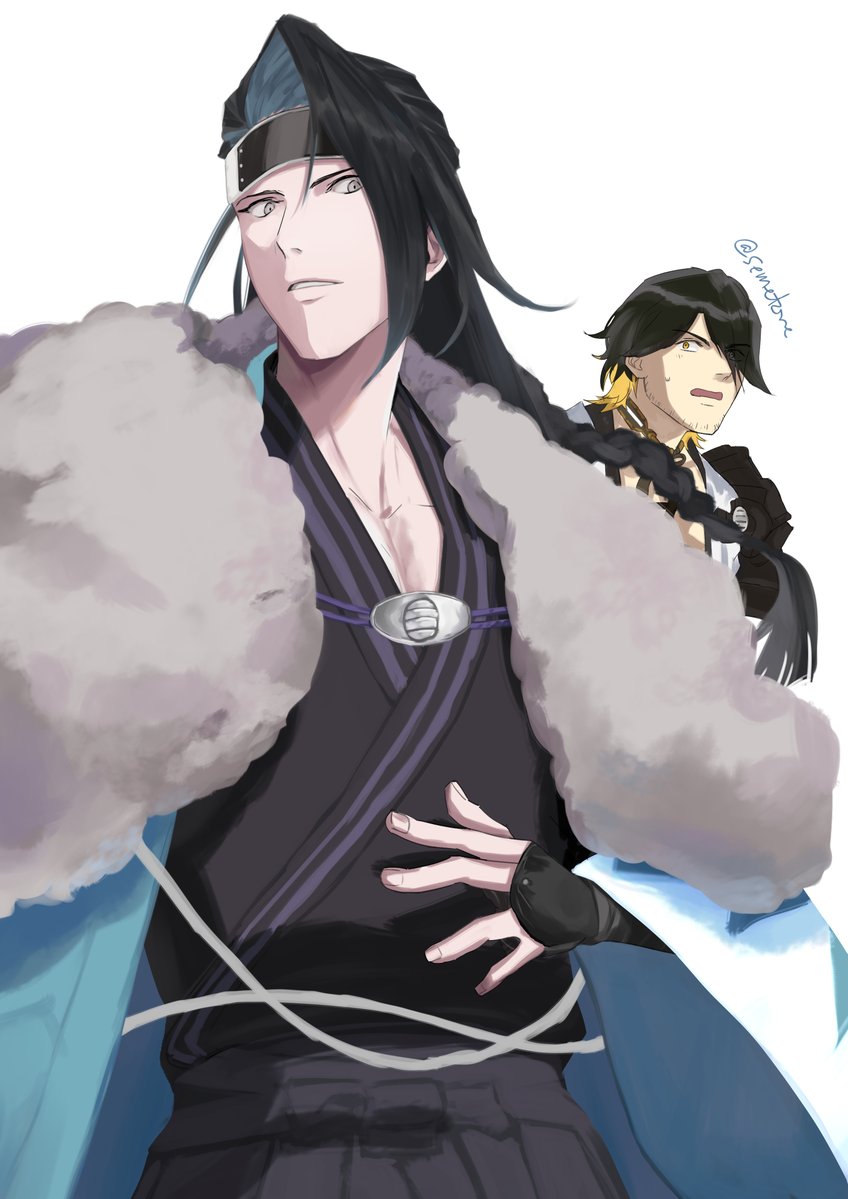 nagasone kotetsu, fate/grand order, fate (series), touken ranbu, 2boys, beard stubble, black hair, black kimono, blonde hair, blue haori, braid, crossover, curtained hair, facial hair, fur shawl, grey eyes, hair over one eye, hakama, haori, historical connection, japanese clothes, kimono, kondou isami (fate), long hair, male focus, multicolored hair, multiple boys, open mouth, semetore, shawl, shinsengumi, short hair, solo, stubble, two-tone hair, yellow eyes