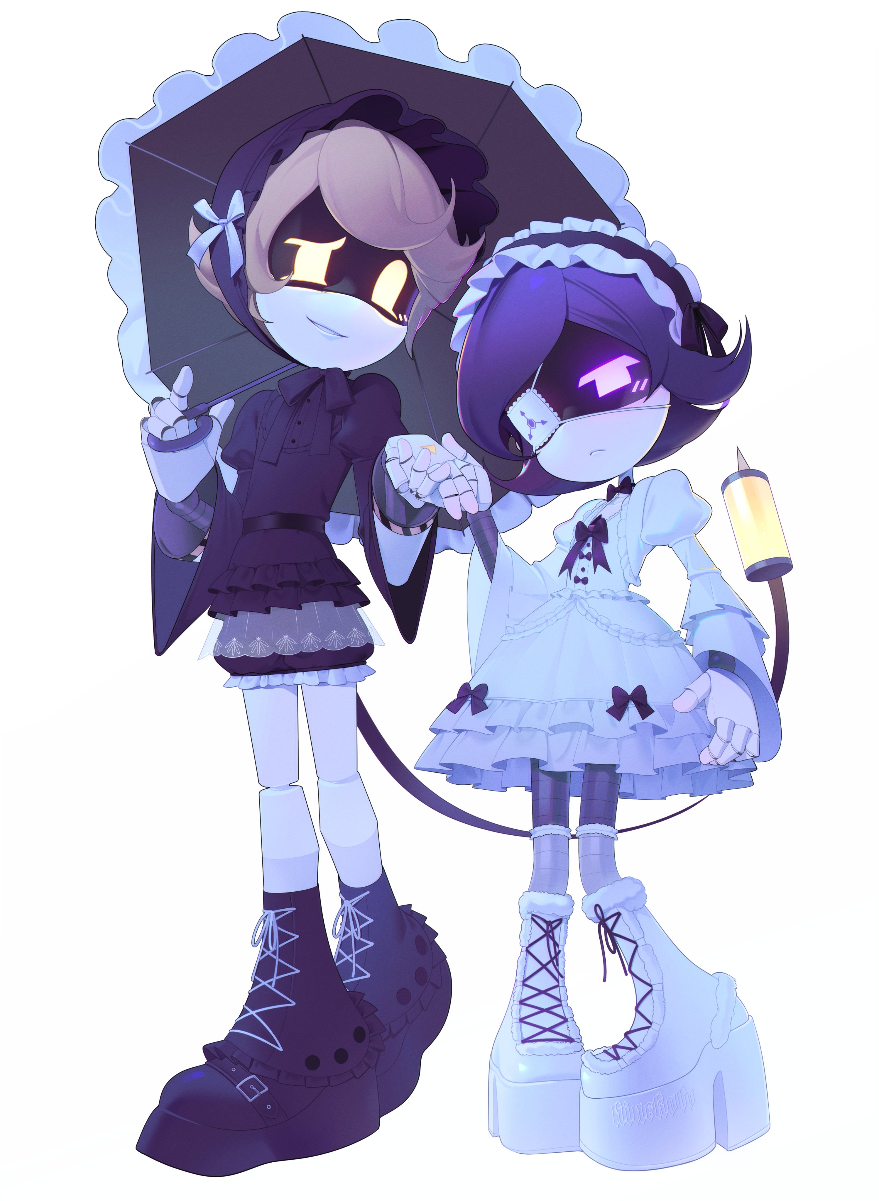 hinekolo, n (murder drones), uzi (murder drones), murder drones, absurdres, highres, 1boy, 1girl, black bloomers, black bonnet, black bow, black shirt, bloomers, blush, bonnet, boots, bow, brown hair, dress, frilled eyepatch, frilled umbrella, frills, headdress, holding, holding hands, holding umbrella, joints, leg warmers, lolita fashion, looking at another, looking at viewer, mechanical hands, mechanical legs, ouji fashion, platform boots, print eyepatch, puffy sleeves, purple eyes, purple hair, robot, robot joints, see-through clothes, see-through socks, shirt, socks, tail, umbrella, underwear, white dress, wide sleeves, yellow eyes