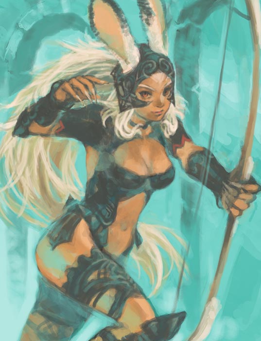 fujikawa akira, fran (ff12), final fantasy, final fantasy xii, 00s, 1girl, animal ears, armor, bow (weapon), dark-skinned female, dark skin, ears through headwear, female focus, fingernails, helmet, long hair, nail (hardware), navel, rabbit ears, red eyes, revealing clothes, smile, solo, very long hair, viera, weapon, white hair