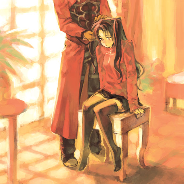fujikawa akira, archer (fate), tohsaka rin, fate/stay night, fate (series), 00s, 1boy, 1girl, adjusting hair, black hair, black thighhighs, head out of frame, long hair, long legs, long sleeves, no shoes, thighhighs, zettai ryouiki