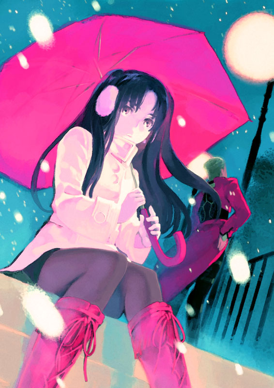 fujikawa akira, archer (fate), tohsaka rin, fate/stay night, fate (series), 00s, 1boy, 1girl, black pantyhose, boots, frown, hands on own hips, holding, holding umbrella, knees together feet apart, lace-up boots, outdoors, pantyhose, parted bangs, pink boots, sitting, snowing, standing, two side up, umbrella