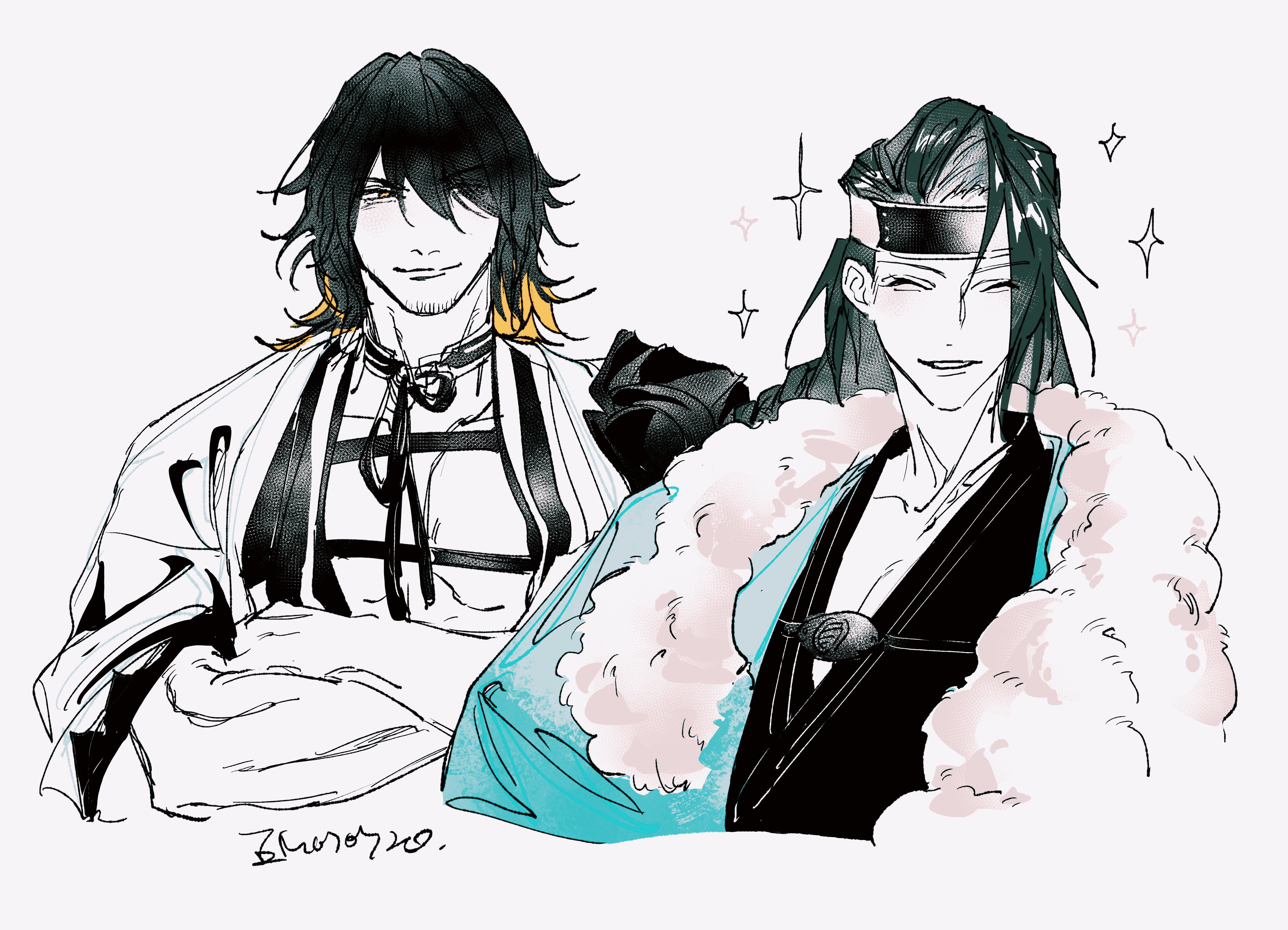 nagasone kotetsu, fate/grand order, fate (series), touken ranbu, absurdres, highres, 2boys, beard stubble, black hair, black kimono, blonde hair, blue haori, closed eyes, cropped torso, crossed arms, crossover, curtained hair, em070720, facial hair, fur shawl, green hair, hair over one eye, haori, headband, historical connection, japanese clothes, kimono, kondou isami (fate), long hair, looking at viewer, male focus, medium hair, multicolored hair, multiple boys, open mouth, pectorals, semetore, shawl, shinsengumi, simple background, smile, stubble, two-tone hair, white background, yellow eyes