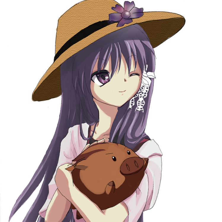 botan (clannad), fujibayashi kyou, clannad, 00s, hair ribbon, hat, long hair, purple eyes, purple hair, ribbon, solo