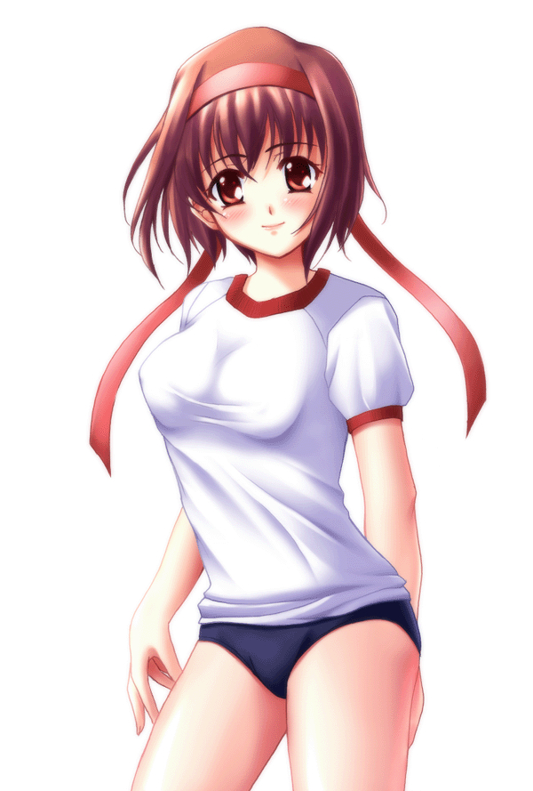 1girl, blush, breasts, brown hair, buruma, covered erect nipples, female focus, gym uniform, headband, medium breasts, red eyes, short hair, simple background, solo, white background