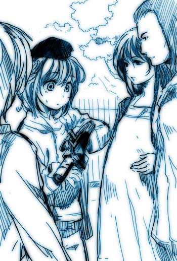 ame yamori, cleo everlastin, forte buckingham, leticia maccready, majutsushi orphen, 2boys, 2girls, blue theme, monochrome, multiple boys, multiple girls, pregnant, short hair, sketch