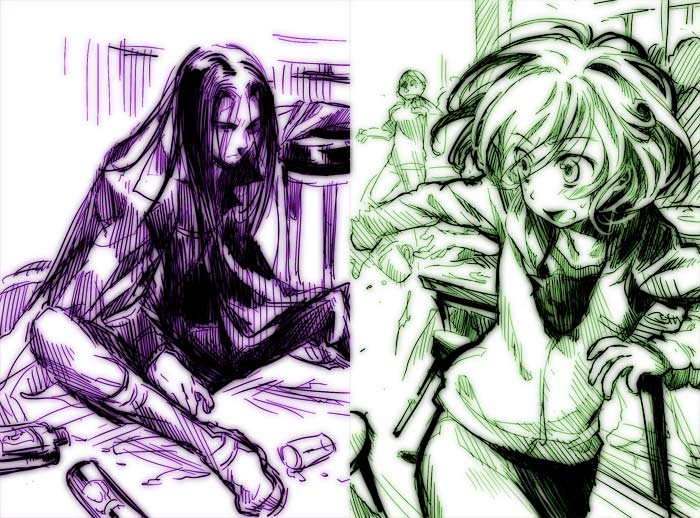ame yamori, cleo everlastin, uys els ito egum ed gorgon, majutsushi orphen, 1girl, green theme, long hair, monochrome, multiple monochrome, purple theme, short hair, sketch