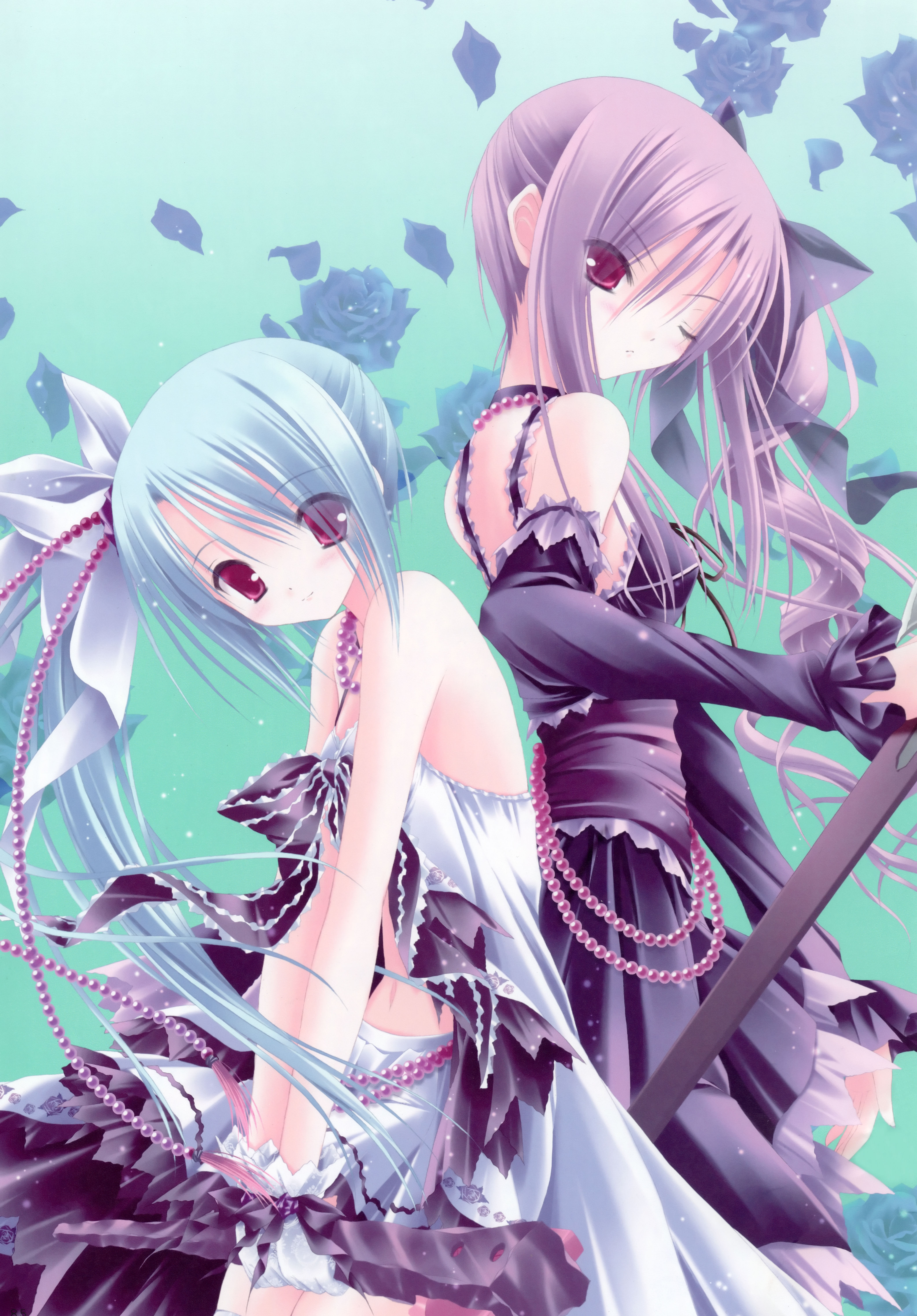 tinker bell (pixiv 10956015), duel dolls, absurdres, highres, 2girls, beads, blue hair, multiple girls, pink eyes, purple hair
