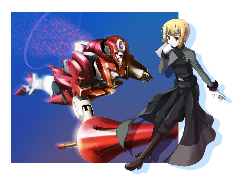 yone, louise halevy, gundam, gundam 00, bad id, bad pixiv id, 00s, 1girl, blonde hair, drill, female focus, flying, full body, long sleeves, looking at viewer, machinery, mecha, red eyes, robot, short hair, solo, standing
