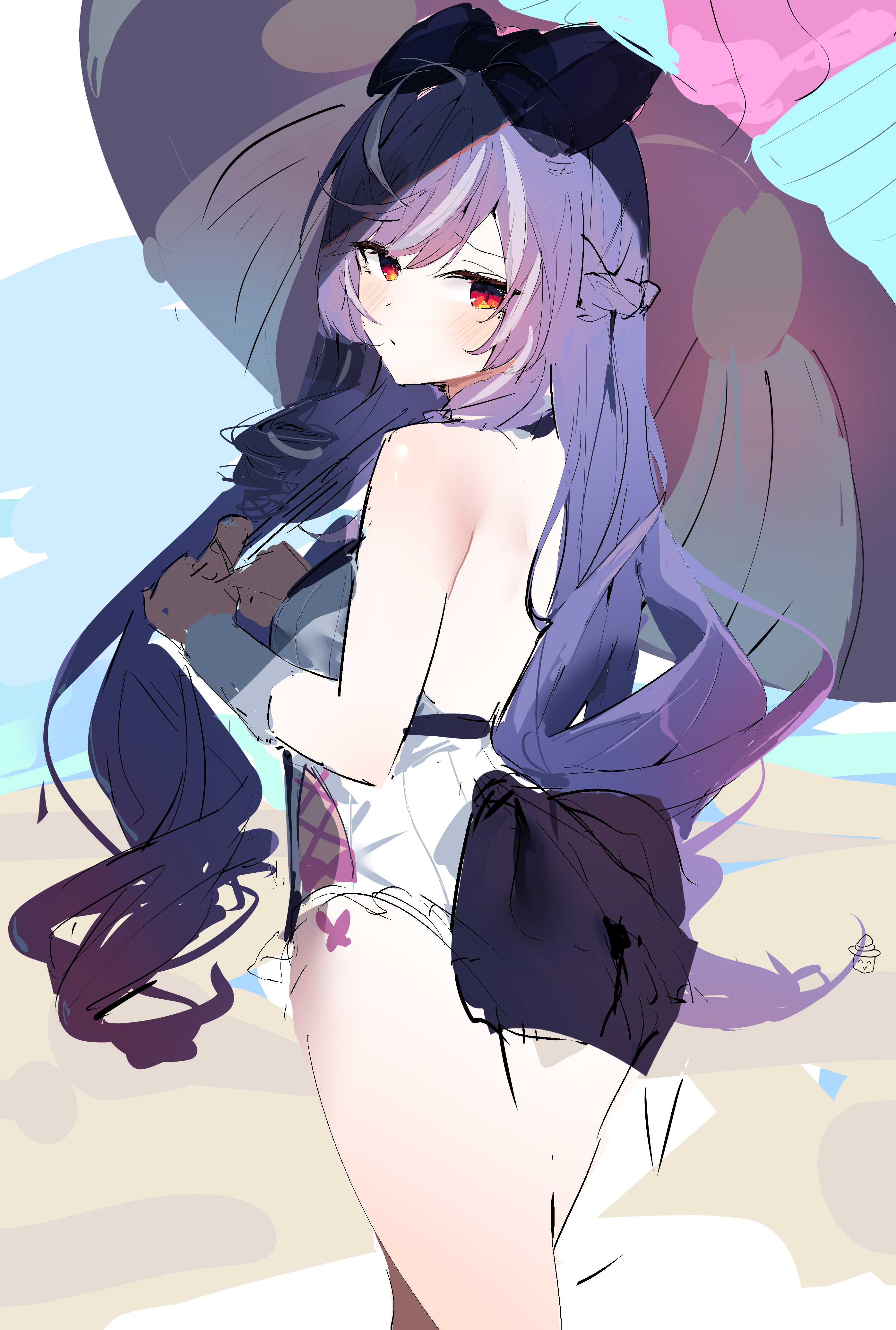 katata, vivian banshee, vivian banshee (iris of the shore), zenless zone zero, absurdres, highres, 1girl, backless swimsuit, black gloves, blush, breasts, closed mouth, gloves, grey hair, holding, holding umbrella, long hair, looking at viewer, medium breasts, multicolored hair, official alternate costume, one-piece swimsuit, purple hair, red eyes, solo, streaked hair, swimsuit, umbrella, white one-piece swimsuit