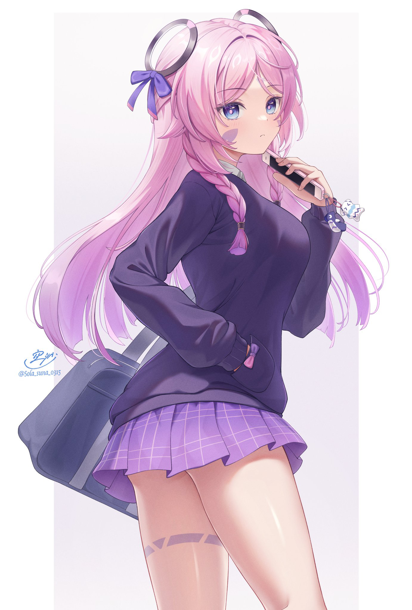 solasuna, citlali (genshin impact), citlalin (genshin impact), itzpapa (genshin impact), genshin impact, highres, 1girl, alternate costume, bag, blue eyes, braid, breasts, cardigan, cellphone, closed mouth, collared shirt, facial mark, hand in pocket, holding, holding phone, hoyofair, long hair, looking at viewer, medium breasts, phone, pink eyes, pink nails, plaid clothes, plaid skirt, pleated skirt, purple skirt, ring hair ornament, school uniform, shirt, shoulder bag, skirt, smartphone, solo, thighs, twin braids, very long hair