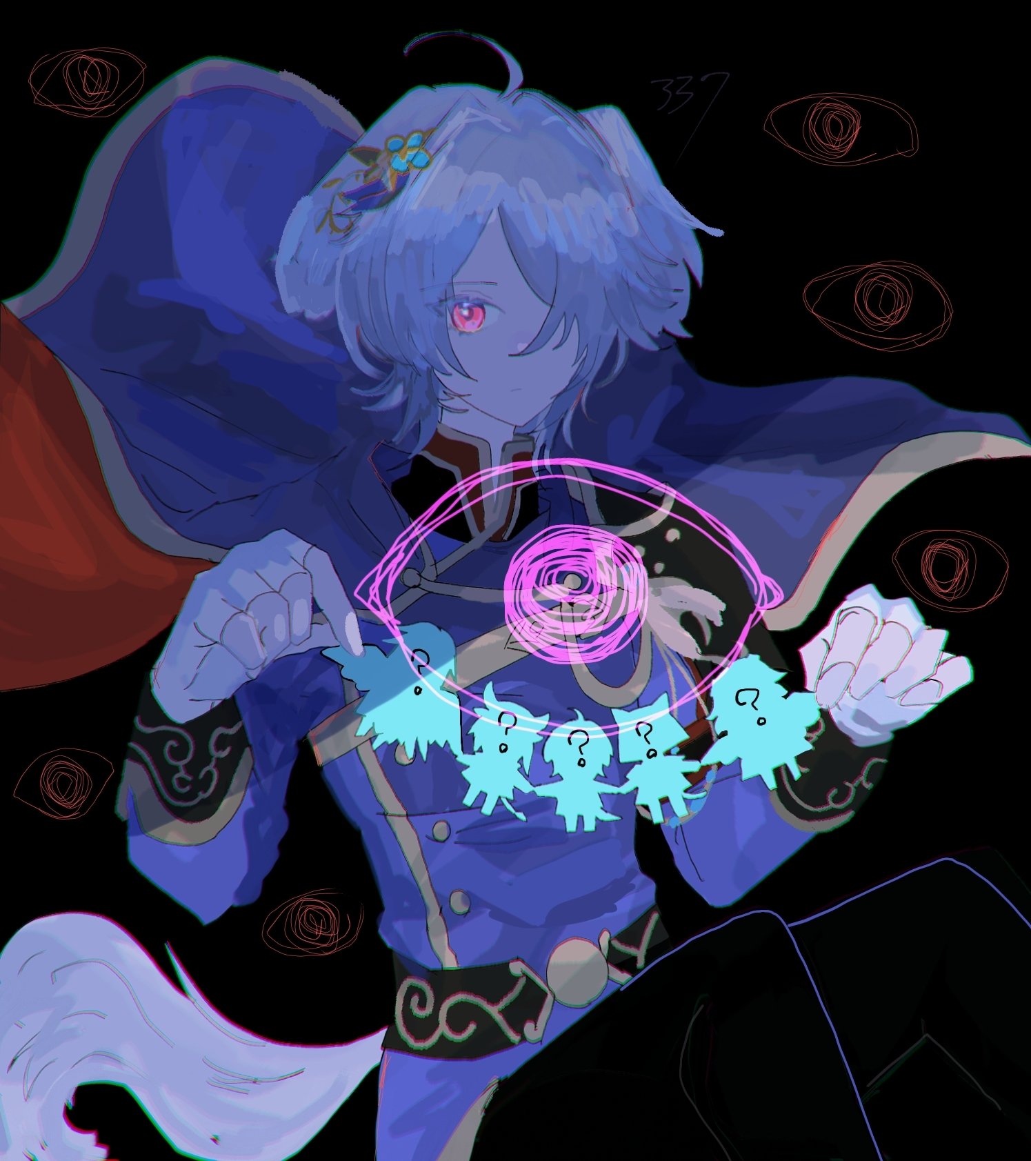 sasaki (dkenpisss), kurt (fire emblem), fire emblem, fire emblem shadows, nintendo, highres, 1girl, ?, ahoge, androgynous, animal ears, blue cape, blue tunic, cape, closed mouth, crossdressing, crossdressing (ftm), dog ears, dog girl, fingerless gloves, gloves, glowing, glowing eyes, grey hair, long hair, looking at viewer, pants, red cape, red eyes, short hair, solo, tail, tunic, white gloves